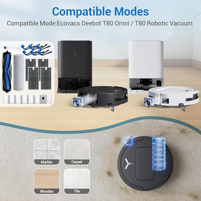 Bluevisk T80 Omni Replacement Parts for Ecovacs Deebot T80 Omni T80 for Yeedi M14 Plus Robotic Vacuum Cleaner Parts with 1 Roller,1 Mop,4 HEAP,6 Dust Bag,6 Side Brush,1 Clean Brush Accessories