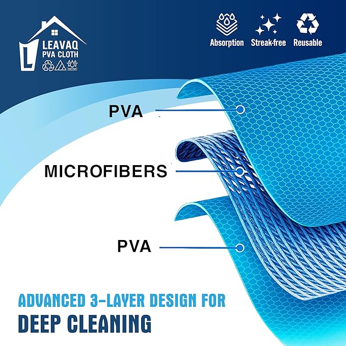 Leavaq 3-Pack PVA Microfiber Cleaning Cloth – 12"x12" Ultra Absorbent, Quick Dry, Streak-Free, Kitchen, Glass, Home & Office