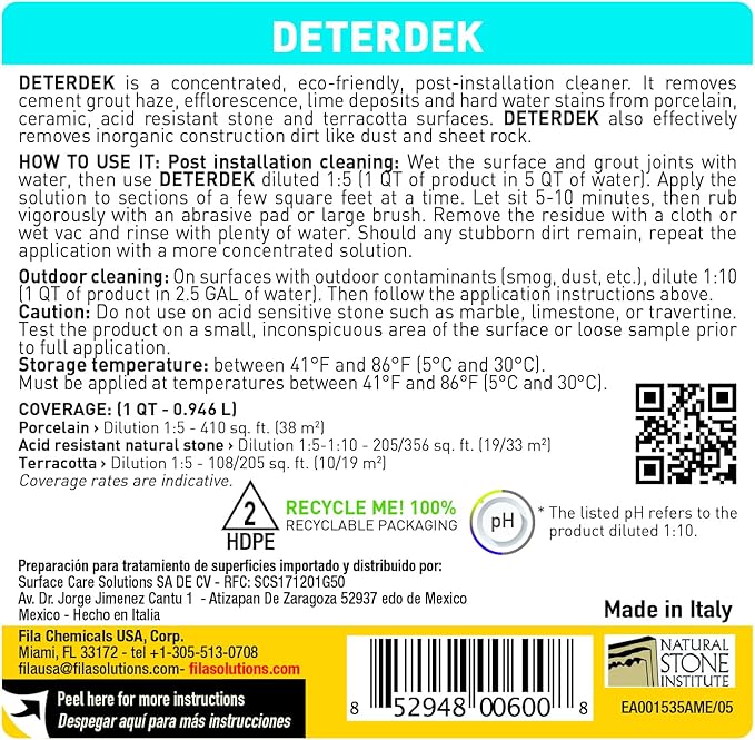 FILA Surface Care Solutions, DETERDEK PRO Cementitious Grout Haze Remover, Effective Against Rust Stain, 1 QT