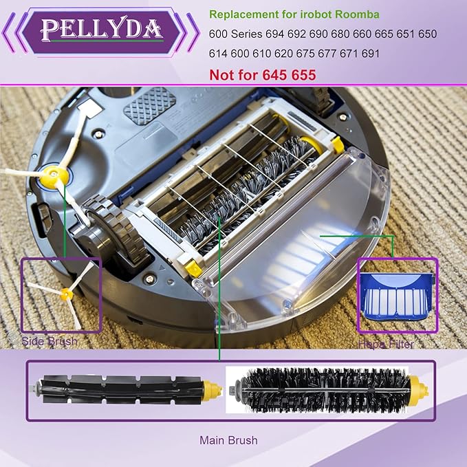 PELLYDA Replacement Parts for IRobot Roomba 600 &500 Series 694 692 690 680 660 665 651 650 614 595 585 564 Vacuum,Accessories Kit 3 Filter,3 Side Brush,1 Pairs Bristle and Flexible Beater Brush