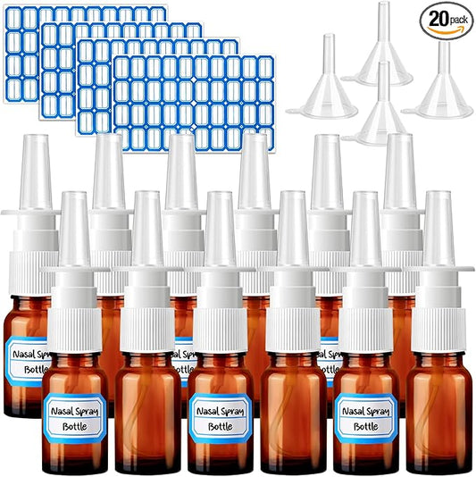 20 Pcs Nasal Spray Bottle, 10ML/0.35OZ 12Pcs Glass Brown Nasal Spray Bottles Empty with 4 Pcs Funnels and 4 Pcs Labels