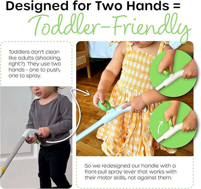 Quiggly Toddler Spray Mop – Two-Handed Design for Ages 3–5 with Real Water Sprayer – Montessori Functional Cleaning Toy Set