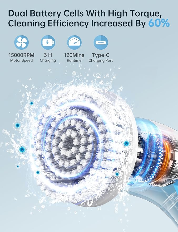 Electric Spin Scrubber with LED Display, IPX7 Waterproof Powerful Shower Scrubber, 2H Runtime, 2 Speeds, Adjustable Handle, 8 Brush Heads for Bathtub Tile Car-Blue and White