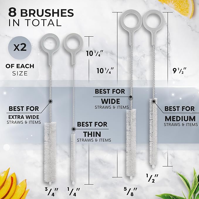 Buenalife Heavy Duty Cleaning Brushes Set of 8 - Extra Long Straw Cleaners for Metal and Plastic Reusable Drinking Straws, to Clean Small Spaces, Sippy Cups, Water Bottles - Sturdy Hard Brush Bristles