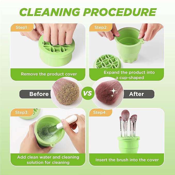 Makeup Brush Cleaner - Foldable Silicone Makeup Brush Cleaner Mat with Brush Storage Holder Makeup Brush Cleaning Bowl Cosmetic Brush Washing Tool for Cleaning Organizer and Drying (Green)