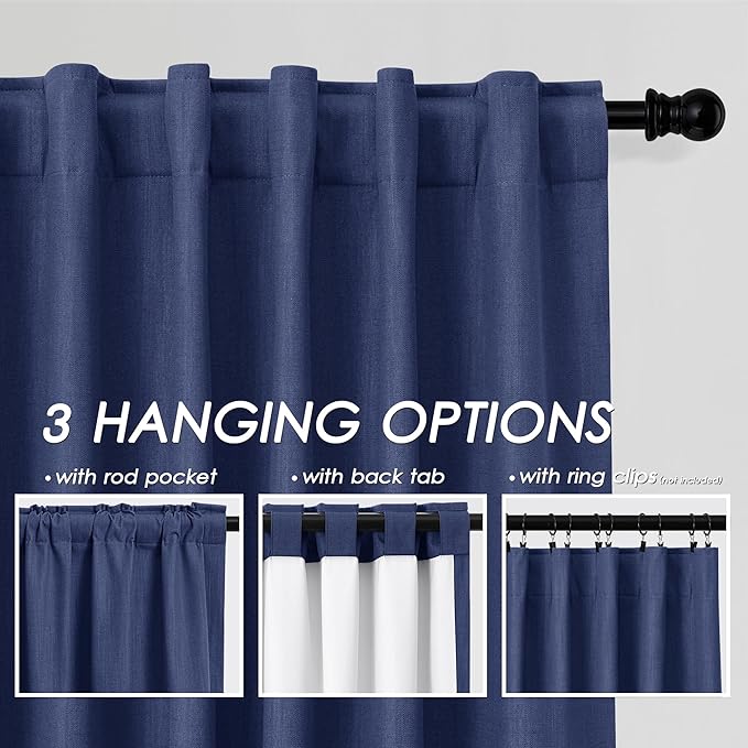 Full Black Out Classic Blue Window Curtains 84 Inches Long Back Tab Rod Pocket Cooling Flax Linen Drapes Full Light Black Out 2 Panels Set for Dining Room Boho Farmhouse Curtains Drapes 52x84