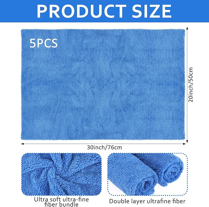 Anmrept 5 PCS Extra Large Microfiber Cleaning Cloth 30"x20", Washable Reusable Floor Cloth for Squeegee Mop House Floor Kitchen Car Window Highly Absorbent, Lint and Streak Free (Blue)