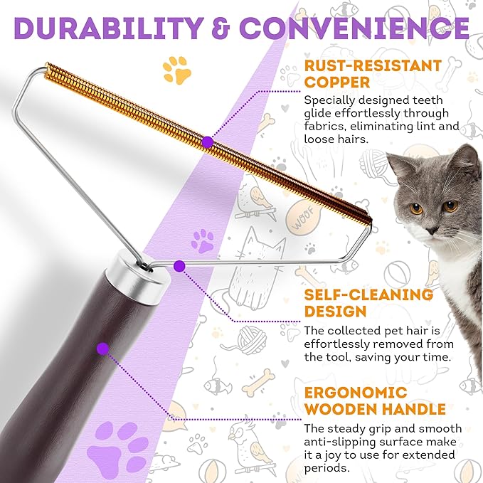 PUREVACY Pet Hair Remover for Furniture. Cat and Dog Fur Remover Tool. Reusable Lint Cleaner with Copper Teeth-Cutters and Wooden Handle. Metal Pet Hair Removal Tool for Carpet. Portable Couch Cleaner