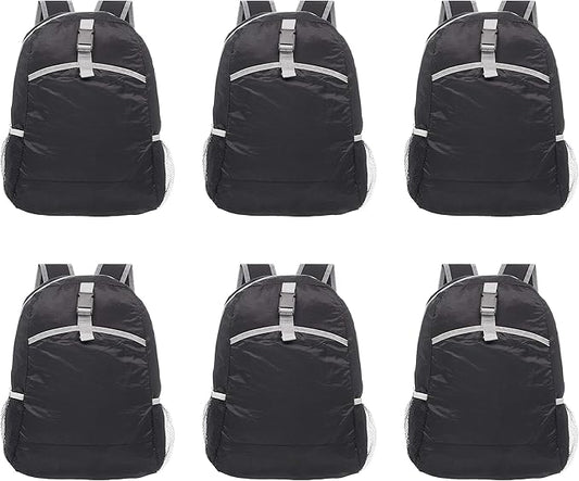 DISCOUNT PROMOS Lightweight Travel Packable Backpacks Set of 6, Bulk Pack - Perfect for Camping, Outdoor Sports - Black