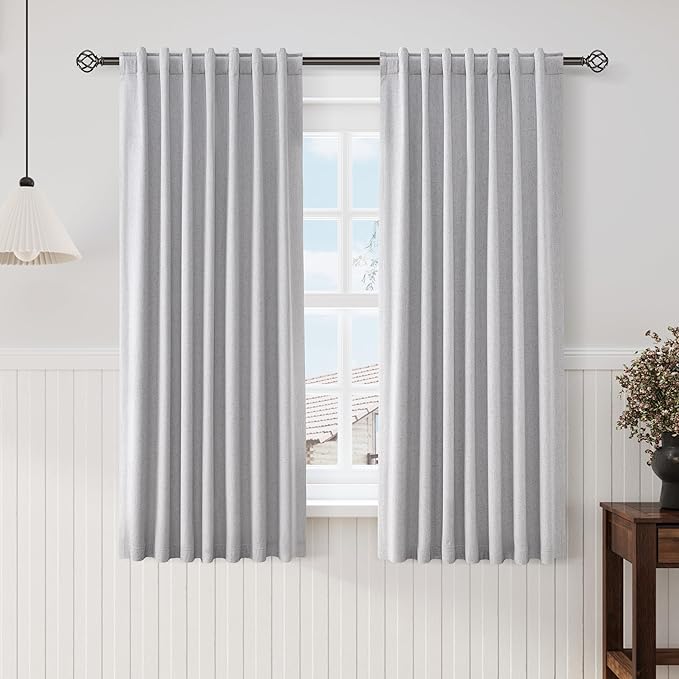 Nanspring Grey100% Blackout Curtains 63 inches Long Back Tab Rod Pocket Linen Curtain Thermal Insulated Textured Short Blackout Curtains 2 Panels Set 52x63