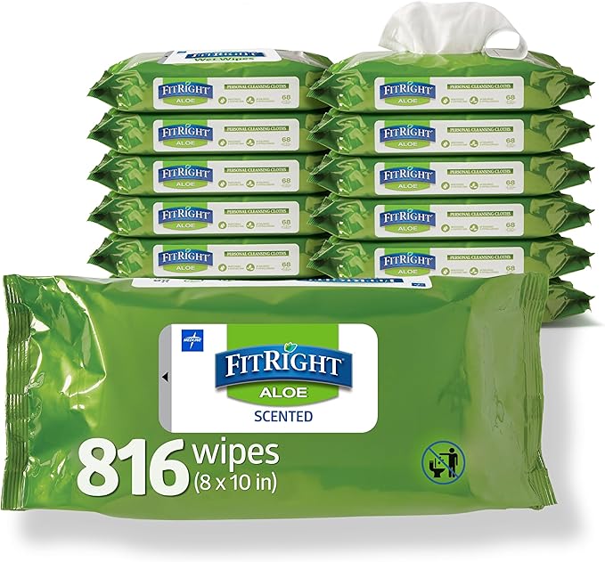 FitRight Aloe Personal Cleansing Cloth Wipes, Scented, 8 x 10 inch Adult Large Incontinence Wipes, 68 count, pack of 12