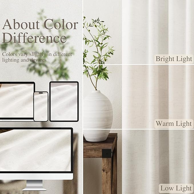 Nanspring Beige White Linen Blackout Curtains 96 Inches Long Back Tab Rod Pocket Sound Absorbing Light Blocking 2 Panels Set for Dining Room Neutral Rustic Modern Farmhouse Curtains Drapes 52x96