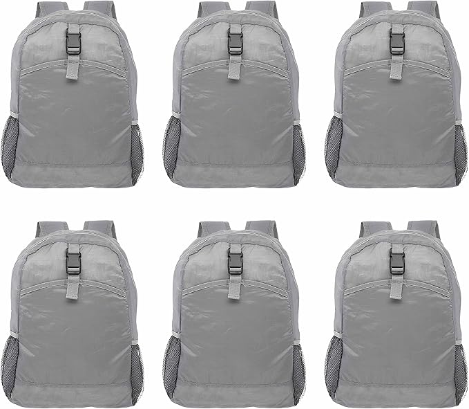 DISCOUNT PROMOS Lightweight Travel Packable Backpacks Set of 6, Bulk Pack - Perfect for Camping, Outdoor Sports - Grey