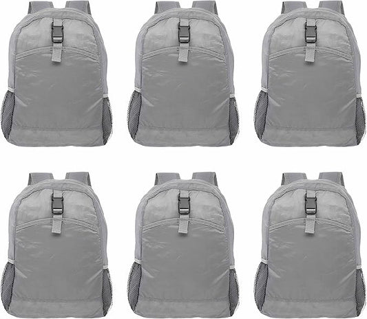 DISCOUNT PROMOS Lightweight Travel Packable Backpacks Set of 6, Bulk Pack - Perfect for Camping, Outdoor Sports - Grey