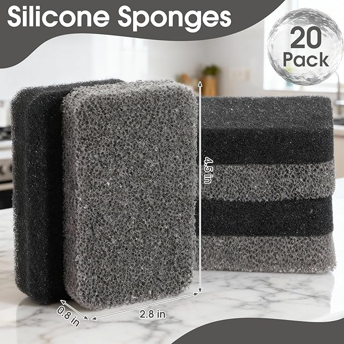Tioncy 20 Pcs Silicone Kitchen Scrubbing Sponges Bulk Heavy Duty Durable Cleaning Dish Sponges, Non-Scratch, Odor-Free, Multipurpose for Dishes Nonstick Pots Cookware Countertops Bathroom Black Gray