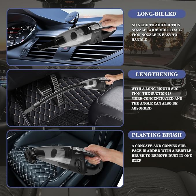 Hiluce Car Vacuum Portable Cordless, Handheld Vacuum Cleaner High Power for Wet and Dry, USB Rechargeable Lightweight Cordless Vacuum, 0.45L Capacity Storage Bag,for Car/Stairs/Pet Hair(Black Silver)