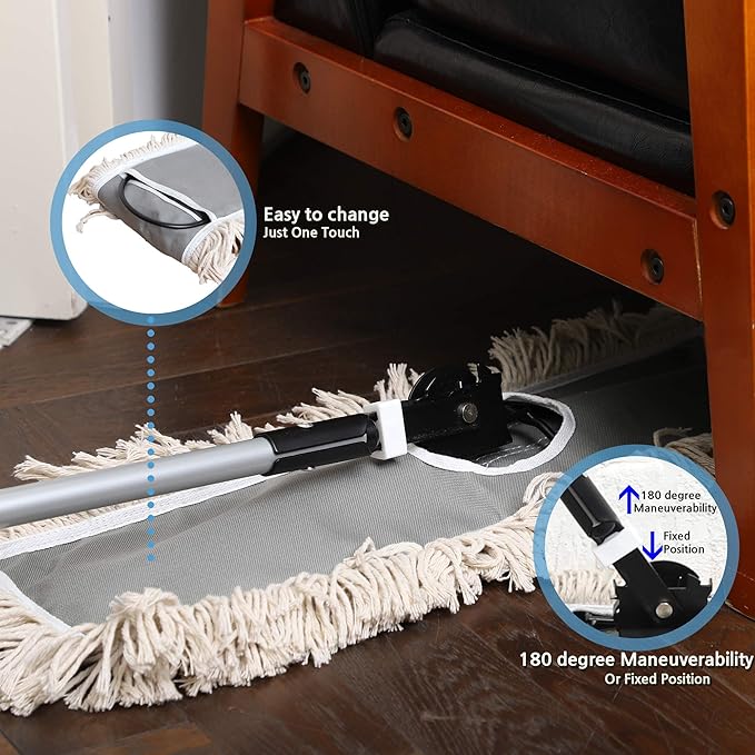 JINCLEAN 24" Industrial Cotton Floor Dust Mop with adjustable Steel Handle - Commercial Mops for Hardwood, Tiles, Laminate, Vinyl, Garage epoxy, Bamboo surface cleaning and Flooring Push Dust Broom