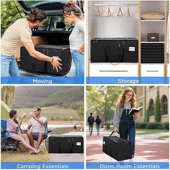 BETU Extra Large Moving Bags Heavy Duty Storage Bags with Zipper Handles, 2 Pack Clothes Storage Totes Bins Packing Moving Boxes, Moving Supplies for College Dorm Essentials, Space Saving, Black