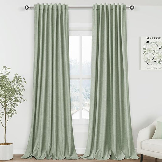 Light Sage Linen Blackout Curtains 120 Inch Length 2 Panels Set Burg Extra Long 10 Ft Back Tab Pocket Drapes Cotton Textured Total Sun Blocking Curtains for Living Room Cottage High Window 52x120