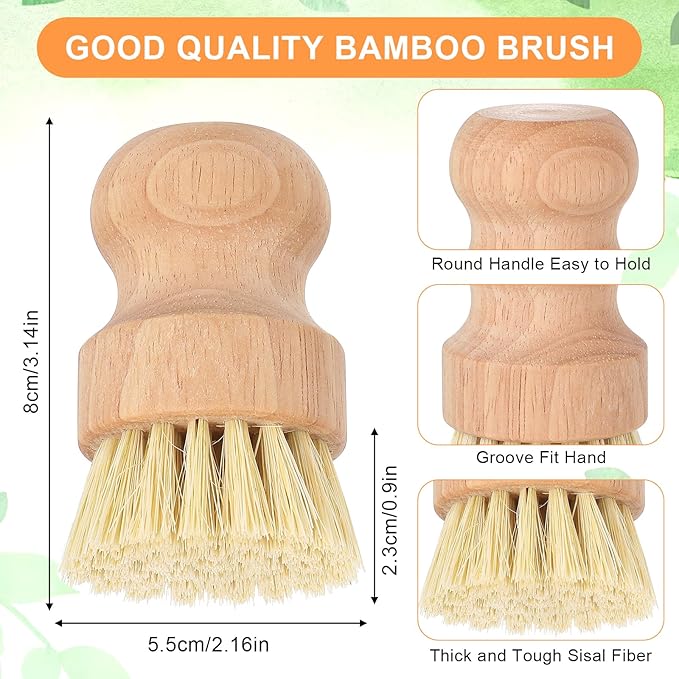 cobee 12Pcs Bamboo Dish Scrub Brushes, Kitchen Dishwashing Scrubber with Natural Sisal Bristles Round Wooden Dish Scrubber Brush for Iron Pot Pan Food Kitchen Sink Fruit Vegetable Wash