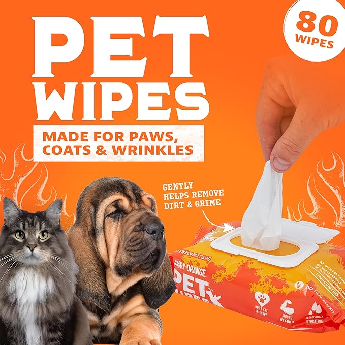 ANGRY ORANGE Pet Wipes + Odor Eliminator – Unscented Grooming Wipes for Dogs and Cats (80 ct) + Citrus Cleaner for Pet Urine, Stains and Smells (24 oz)