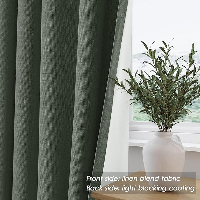 Olive Green Linen Blackout Curtains 84 Inches Long Back Tab Burlap Flax Bedroom Blackout Curtains 2 Panel Sets Rustic Farmhouse Full Light Blocking Thermal Insulated Curtain 84 Inch Length 52x84