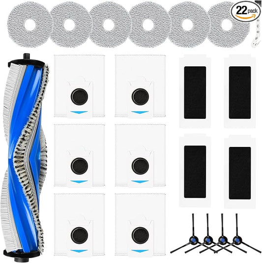 22 Pcs Vacuum Accesories Kit for ECOVACS DEEBOT T30S COMBO Robot Vacuum, Replacement Parts Include 1Rubber Brush, 4 Filters, 6 Pads, 6 T30S Combo Dust Bag, 4 Side Brush and 1 Cleaning Tool
