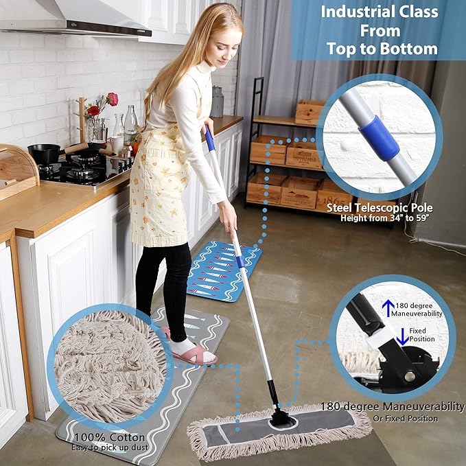 JINCLEAN 24" Industrial Cotton Floor Dust Mop with adjustable Steel Handle - Commercial Mops for Hardwood, Tiles, Laminate, Vinyl, Garage epoxy, Bamboo surface cleaning and Flooring Push Dust Broom