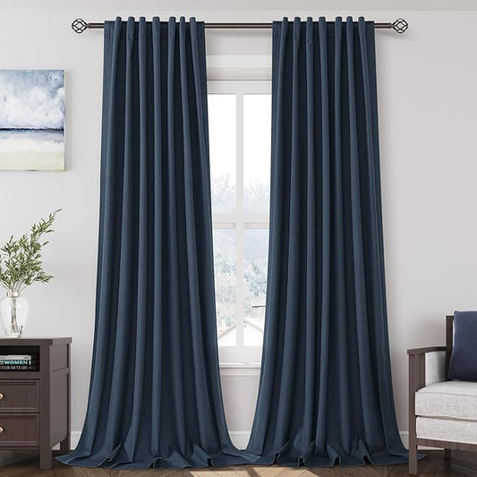 Full Black Out Vintage Blue Window Curtains Panels 102 Inches Long 2 Panels Set for Living Room Cotton Textured Long Blackout Curtain with Backing Thermal Insulated Drapes for Nursery Bedroom 52x102