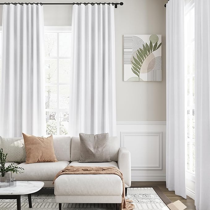 Full Blackout Linen White Curtains, 94 Inches Long for Living Room Patio Sliding Door Back Tab 100% Black Out Bedroom Curtains Pure White Boho Elegant Modern Cosatal Window Curtain Panels Set of 2