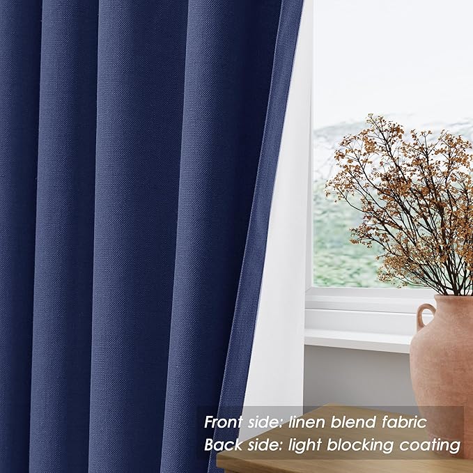 Nanspring 100% Blackout Curtains 2 Panels Set Classic Blue Window Curtains 102 Inches Long Cotton Textured Linen Thermal Insulated Noise Reducing Flax Linen Drapes for Living Room and Nursery 52x102