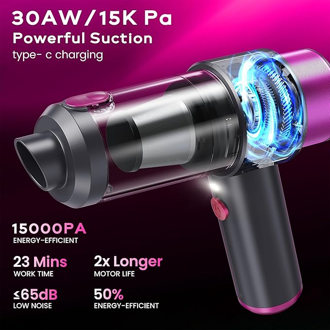 Mecanto Car Vacuum Handheld Vacuum Cleaner, 15000PA Suction, Mini Vacuums with Air Duster and Blower, Portable Hand Held Vacuum for Car, House, Crumbs, Hair (Pink)