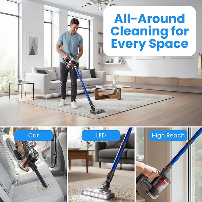 BARNMO Cordless Stick Vacuum, Blue, 45 Min Runtime, LED Headlights, 2-Speed, Telescopic Tube with Main Vacuum Brush, Crevice Tool, dust Brush, Removable-Rechargeable Battery Pack with Charging Cord