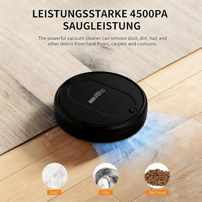 3-in-1 Robot Vacuum and Mop | 4500Pa Suction, Tangle-Free Brush, 120 Min Runtime for Whole-Home Cleaning, Ultra-Slim, Low Noise, Smart Navigation, Ideal for Pet Hair & Hard Floors (Black)