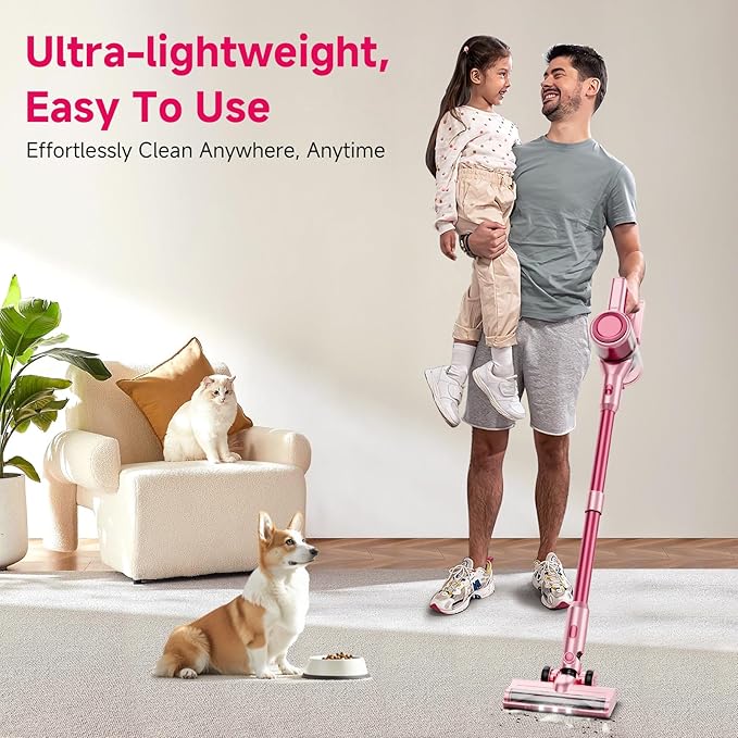 Vaconly Cordless Vacuum Cleaner, 8 in 1 40Kpa 55Mins,Lightweight Vacuum Cleaners for Home, Stick Vacuum with Anti-Tangle Brush,Wall Mount, Rechargeable Cordless Vacuum for Floor/Sofa/Pet Hair,Pink