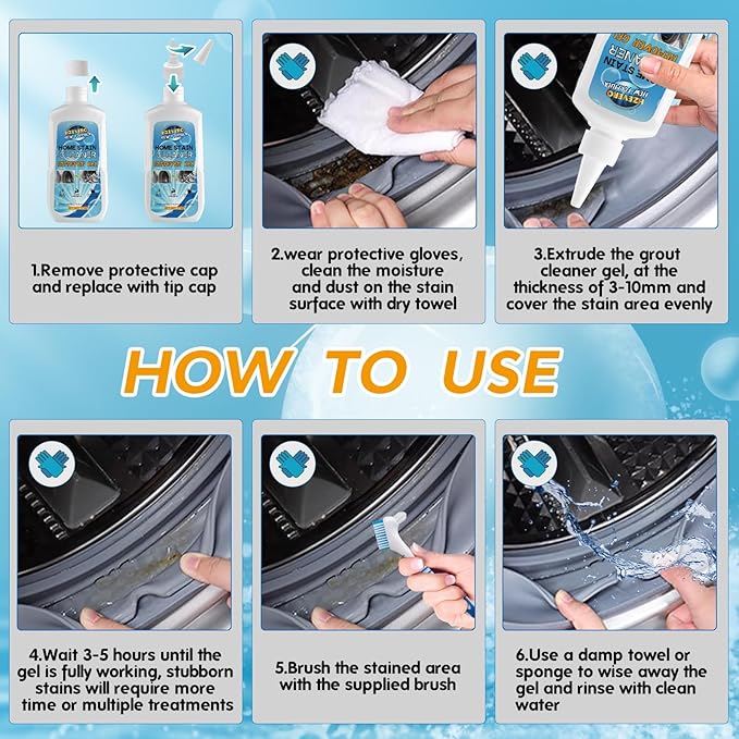 Mold Stain Remover Gel, Washing Machine Gasket Cleaner for Front Loader Washer Rubber Seal Home Stain Removal Gel for Grout, Caulk, Refrigerator, Shower, Bathtub, Bathroom Cleaning Solution (5 Fl Oz)