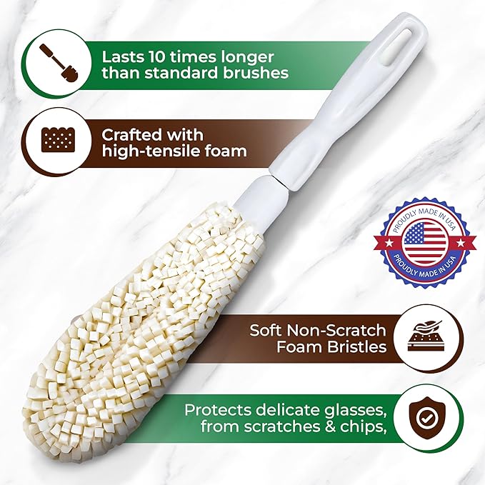 Tupkee Wine Glass Cleaning Brush – Soft Non-Scratch Foam Bristles, Dishwasher Safe – Flute and Stemware Wine Glass Cleaner Brush for Crystal, Champagne Glasses, Bottle, Mug & Tumbler – Made in the USA