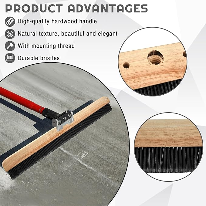 Yiyiring 1 Pack 36 Inch Concrete Broom Finishing Tools Without Handle Wood Backed Brush Push Brooms with Mounting Threads for Concrete Finishes Hard Floors Yards