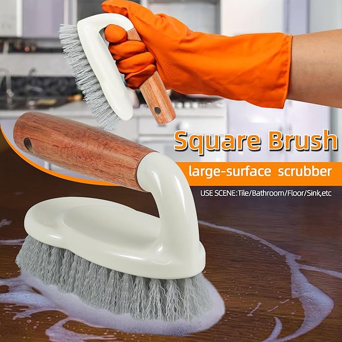 Attoshow 5-Pack Heavy Duty Scrub Brushes Set with Wooden Handles, Multi-Surface Scrubber for Kitchen, Bathroom, Tile & Grout, Includes Spherical, Triangle, Square & Dish Brush for Stubborn Stains