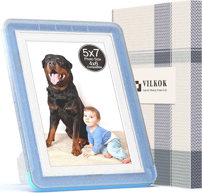 1-Pack 5x7 Picture Frame or 4x6 with Mat – Shatterproof Plastic Photo Frame for Family, Nursery & Playroom, Wall & Tabletop Picture Frames for Home Office, Safe Lightweight Design, in Crystal Blue