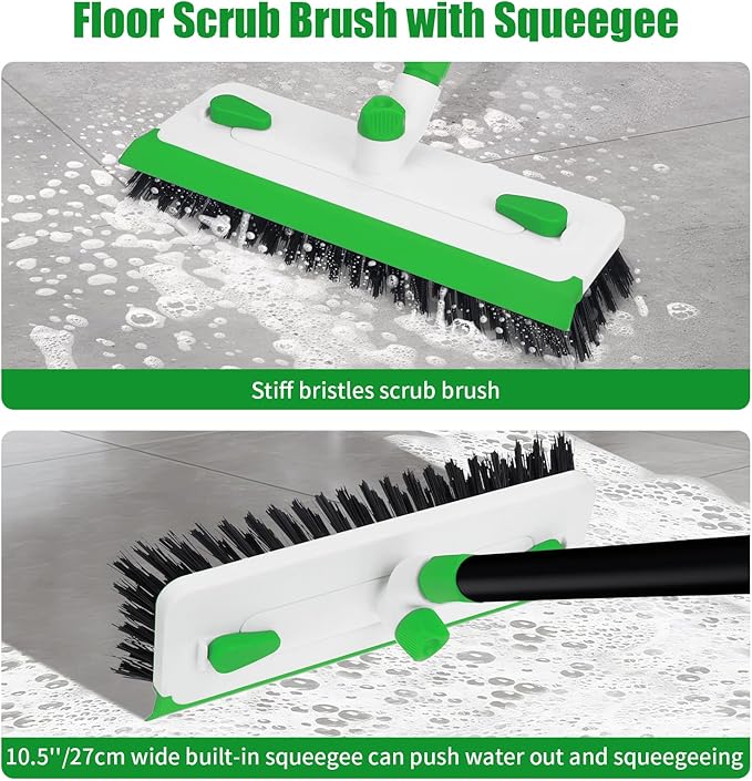 Floor Scrub Brush with Long Handle, 3-in-1 Floor Scrubber Brush with Squeegee Stiff Bristle Deck Brush for Cleaning Tile Bathroom Patio Deck Garage Grout