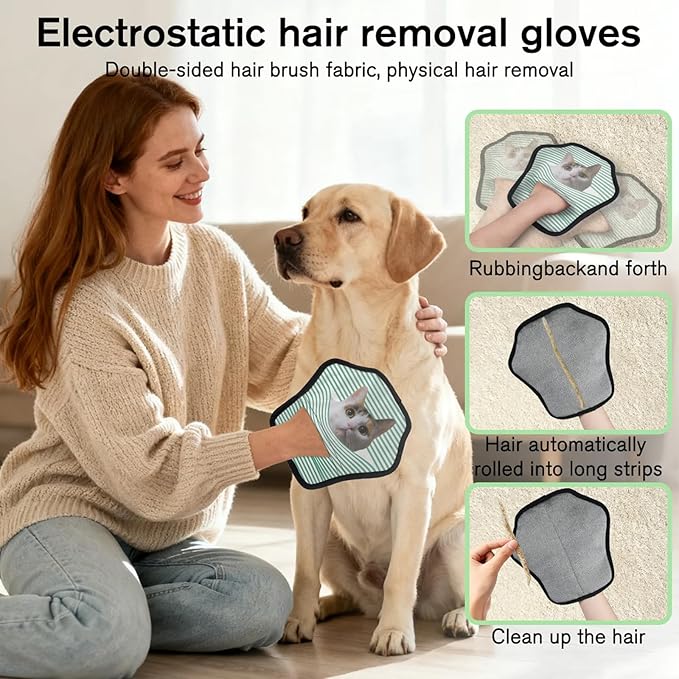 XIOBODR Personalized Pet Hair Remover Glove for Dogs & Cats - Custom Photo & Name Magic Brush for Dog Cat Hair Removal, Reusable Electrostatic Pet Hair Gloves for Furniture Carpet Couch, Green Stripe
