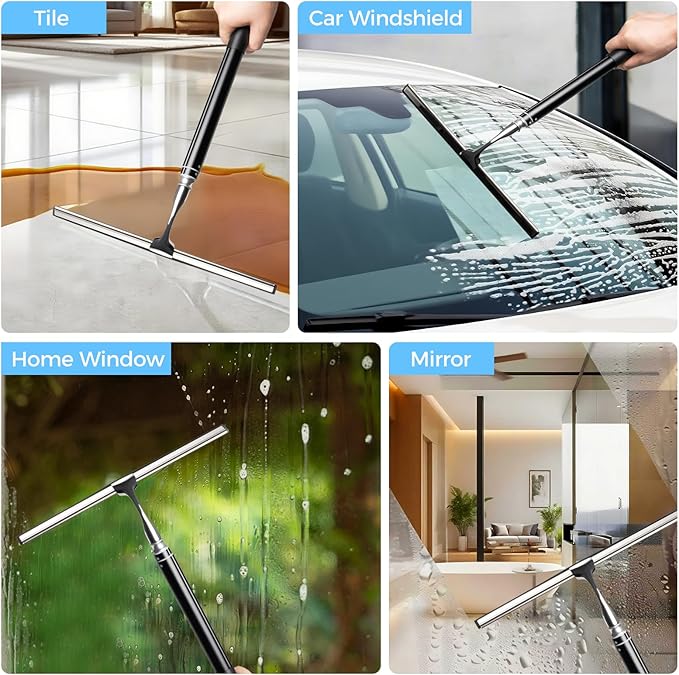 Mesiiloly 59.5" Long Handle Window Squeegee with Extension Pole, 12.4" Wide Metal Shower Squeegee for Glass Doors, Floor Squeegee for Home Window Cleaning, Tile Wall, Car