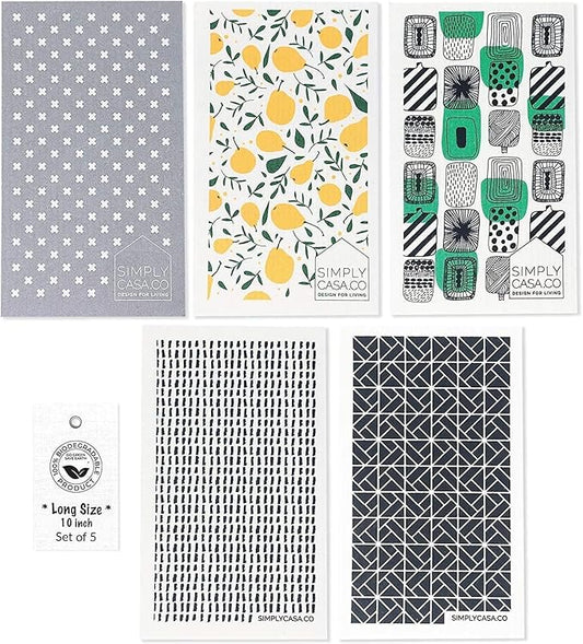 Long 5‑Pack Swedish Dishcloths – Reusable, Cellulose Sponge Dish Cloths for Washing Dishes, Paper Towel Replacement, Plastic-Free Packaging, Super Absorbent