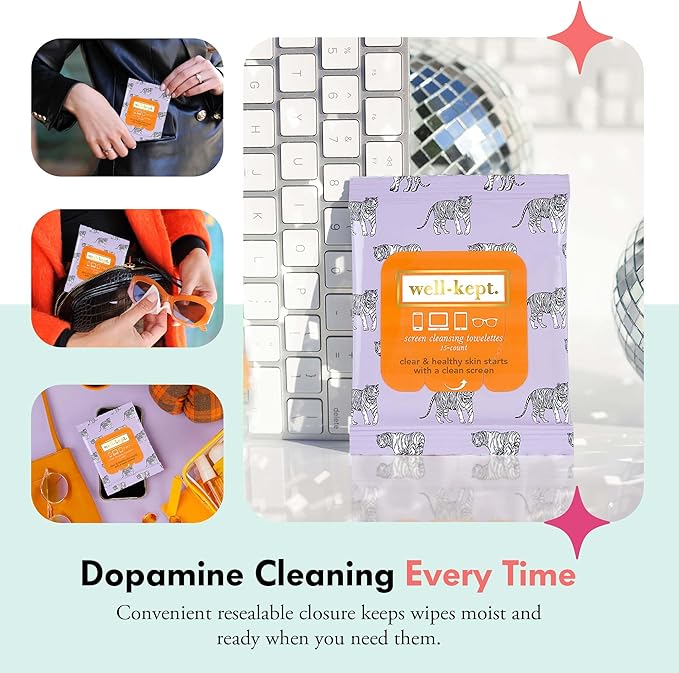 Well-Kept Tech & Lens Wipes - Eyeglass, Screen & Phone Cleaning, Multi-Surface, Lint-Free, Pre Moistened, Streak-Free & Non Scratching - Tiger Pose, 12 Pack (180 Count)