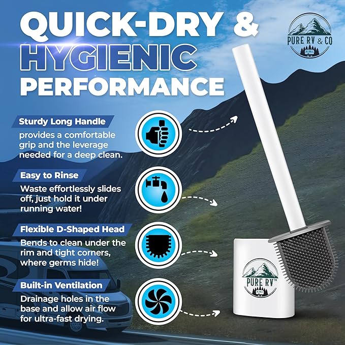 RV Toilet Brush and Holder Set, Compact Silicone Bowl Brush for Camper, Trailer & RV Toilets – Wall Mounted, Flexible Head, RV Bathroom Must-Have