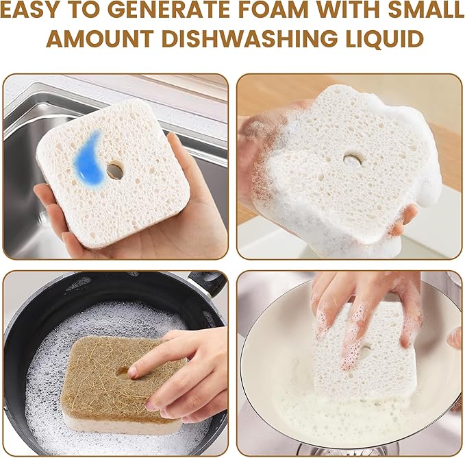 6pcs Scrub Sponges with Suction Cup Hook, Natural Kitchen Sponge, Biodegradable Compostable Cellulose and Coconut Non-Scratch Sponges, Cleaning Sponges for Dishes
