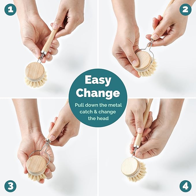 Jungle Culture Dish Brushes or Replacement Brush Heads for Eco Dish Brushes • Wooden Kitchen Washing Up Brush Heads • Interchangeable Bristle Refills • Dish Scrubbers (Firm Replacement Heads)