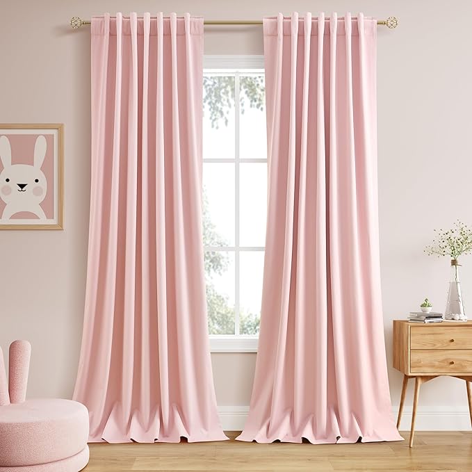 Nanspring Pink Linen Blackout Curtains 120 Inch Length 2 Panels Set Burg Extra Long 10 Ft Back Tab Pocket Drapes Cotton Textured Total Sun Blocking Curtains for Living Room Cottage High Window 52x120