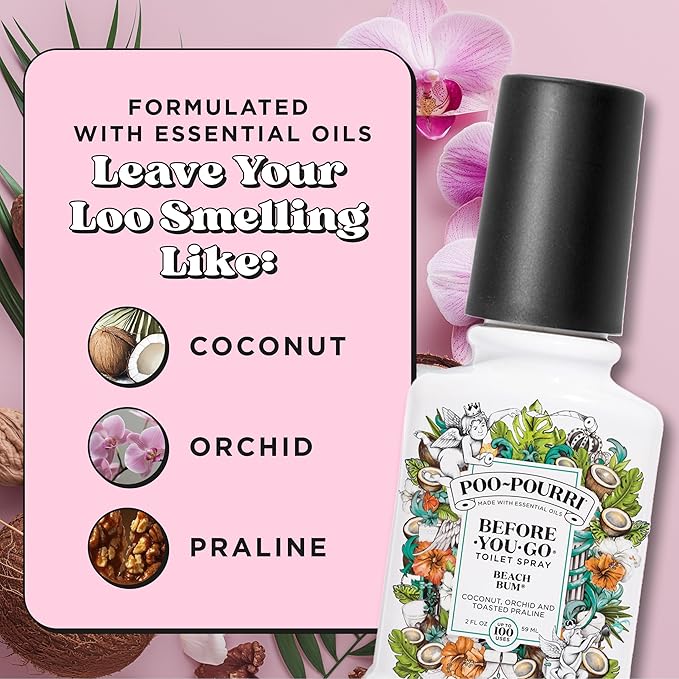 Poo-Pourri Before-You-Go Toilet Spray, Beach Bum, 2 Fl Oz, Up to 100 Uses, Bathroom Odor Deodorizer with Essential Oils for Home or Work, Travel Essentials, TSA Approved Size, Coconut, Orchid Scent